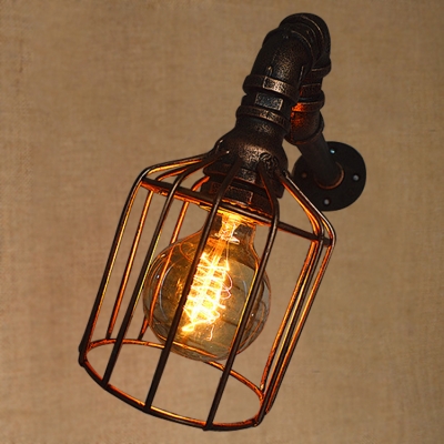 Industrial Wall Sconce with Metal Cage Shade in Rust Finish