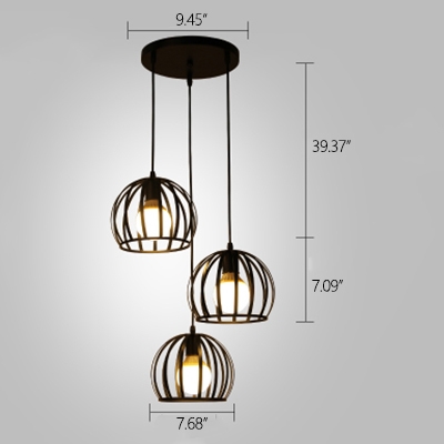 Industrial 3 Light Multi Light Pendant with Metal Cage Frame in Black Finish