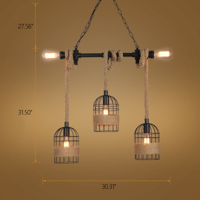 Industrial 3 Light Multi-Light Pendant Light with Metal Cage and Rope