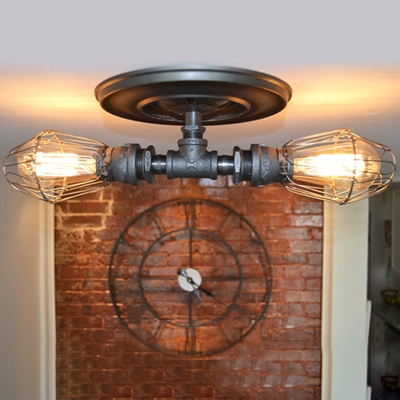 Industrial 2 Light Semi-Flush Ceiling Light with Metal Cage Shade in Pipe Style, 21''W