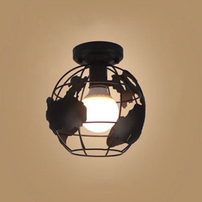 

Industrial 7.1''W Flush Mount Ceiling Fixture with Globe Metal Cage in Black, HL461848