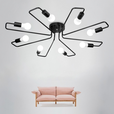 Industrial Wrought Iron 8 Light Semi-Flush Ceiling Light in Open Bulb Style, Black/White
