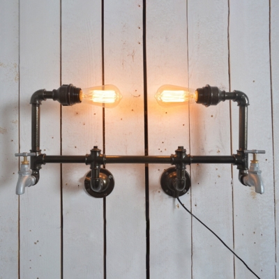 Industrial 22''W Multi Light Wall Sconce with Pipe Fixture Arm in Open Bulb Style, 2 Light