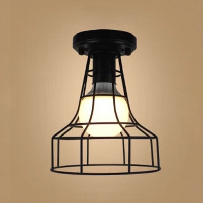 Industrial 6.9''W Flushmount Ceiling Light with Metal Cage in Black Finish