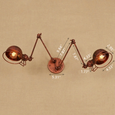 Industrial 2 Light Multi Light Wall Sconce with Adjustable Fixture Arm in Bar Style, Rust