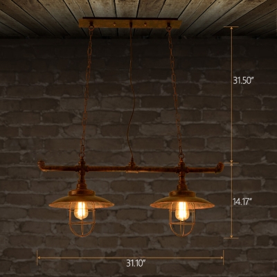 Industrial 2 Light Multi Light Pendant with Metal Cage Frame in Pipe Style, Rust