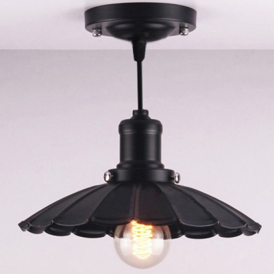 Single Light Down Lighting LED Pendant with Solid Black Stems and Floral Round Metal Shade
