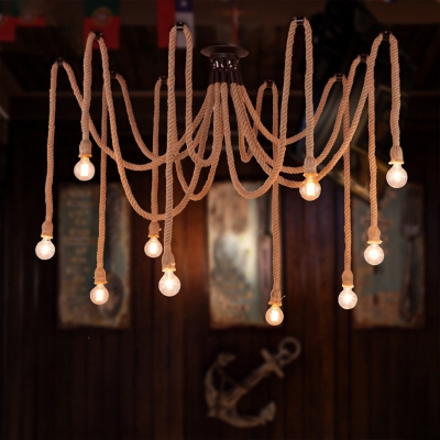 Industrial 10 Light Multi Light Pendant with Hanging Rope in Open Bulb Style