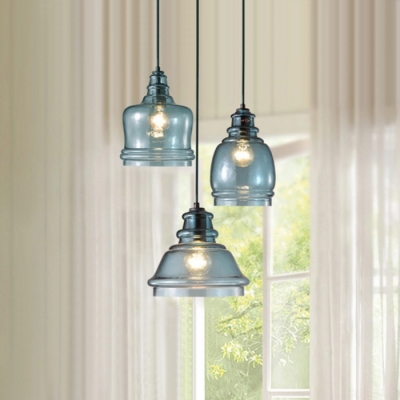 Industrial 16''W Multi Light Pendant with Glass Shade in Blue Finish, 3 Light