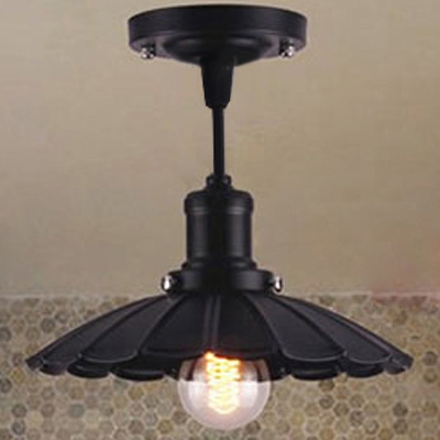 Single Light Down Lighting LED Pendant with Solid Black Stems and Floral Round Metal Shade