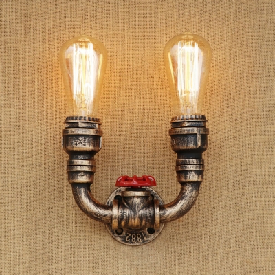 Industrial 2 Light Multi Light Wall Sconce with Red Valve in Pipe Style, Antique Brass