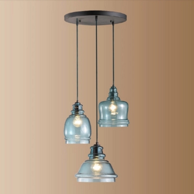Industrial 16''W Multi Light Pendant with Glass Shade in Blue Finish, 3 Light