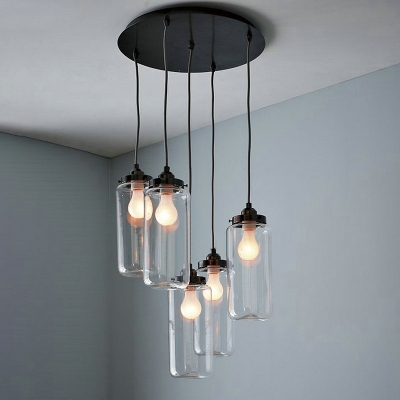 Industrial Multi Light Pendant with Clear Glass Bottle Shade, 5 Light