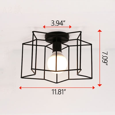 Industrial 12''W Flush Mount Ceiling Fixture with Metal Cage Frame in Black/White Finish
