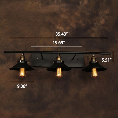 Industrial 35.4''W Multi Light Wall Sconce with 3 Light and Cone Metal Shade in Black Finish