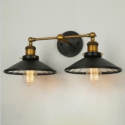 Industrial 2 Light Multi Light Wall Sconce with Cone Metal Shade in Black