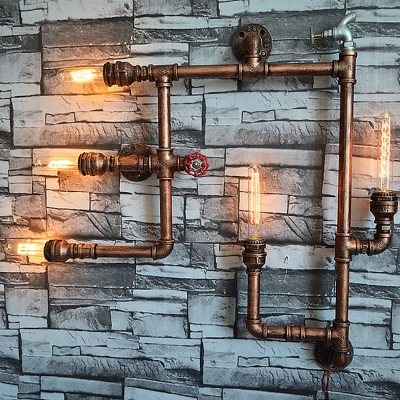 Industrial 5 Light Multi Light Wall Sconce with Pipe Fixture Arm in Bar Style, 28.7''W