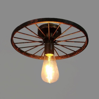 Industrial 12''W Semi-Flush Ceiling Light with Wheel in Open Bulb Style, Rust