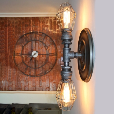 Industrial 2 Light Semi-Flush Ceiling Light with Metal Cage Shade in Pipe Style, 21''W