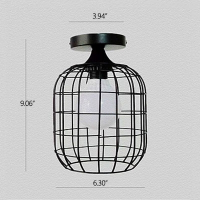 Industrial 6.3''W Flush Mount Ceiling Fixture with Metal Cage in Black Finish