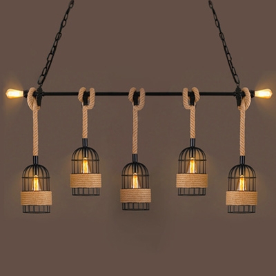 Industrial Large Multi Light Pendant with Rope and Metal Cage in Vintage Style, 7 Light