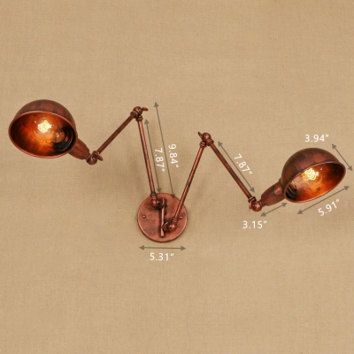 Industrial Vintage 2 Light Multi Light Wall Sconce with Adjustable Fixture Arm in Rust