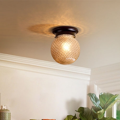 Industrial Vintage Flush Mount Ceiling Fixture with Globe Glass Shade in Amber