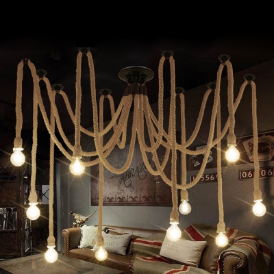 

Industrial 10 Light Multi Light Pendant with Hanging Rope in Open Bulb Style, HL460592