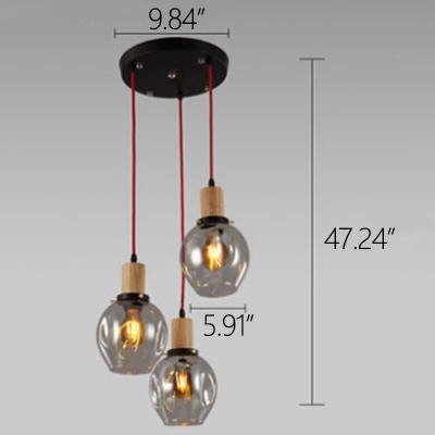 Industrial 3 Light Multi-Light Pendant Light with Glass Shade, Clear/Smoke/Amber