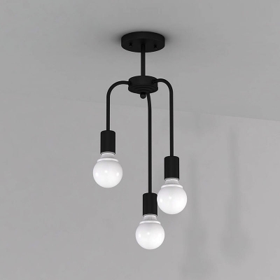 Industrial 3 Light Semi-Flush Ceiling Light in Open Bulb Style, Black