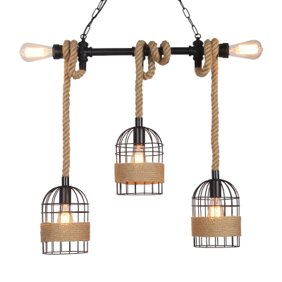Industrial 3 Light Multi-Light Pendant Light with Metal Cage and Rope