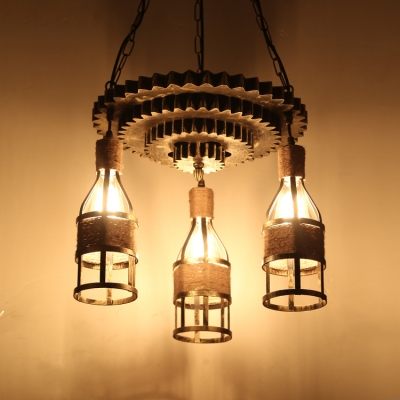 

Industrial Vintage 3 Light Multi Light Pendant with Rope Shade and Gear in Bar Style