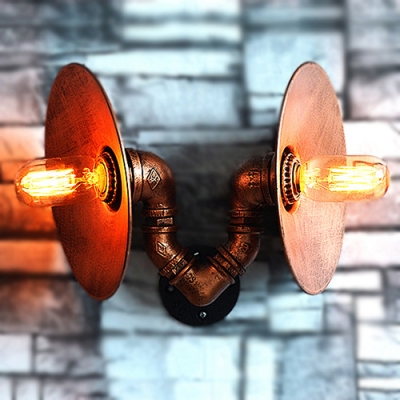 Industrial 2 Light Multi Light Wall Sconce with Metal Shade and Pipe Fixture Arm, Rust