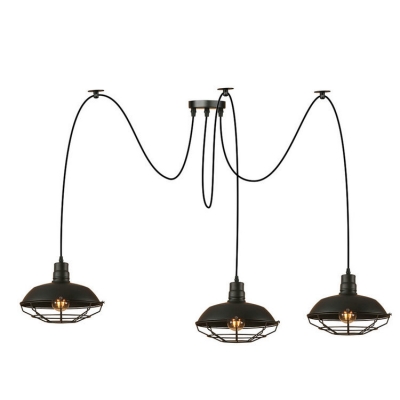 Industrial Multi Light Pendant with Metal Cage in Barn Style, 3 Light, Black