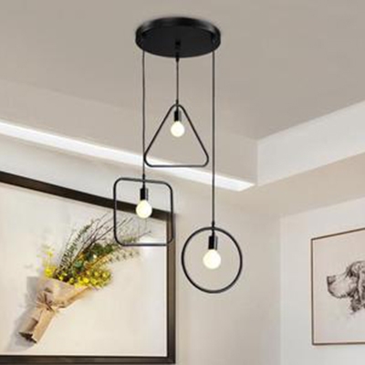 Industrial 3 Light Multi Light Pendant with Metal Cage Frame in Nordical Style, Black
