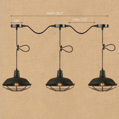 Industrial 3 Light Multi Light Pendant with Metal Cage in Black Finish