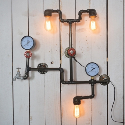 Industrial 3 Light Multi Light Wall Sconce with Pressure Gauge in Pipe Style, 27.6''W