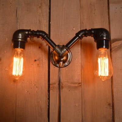 Industrial Vintage 2 Light Multi Light Wall Sconce in Open Bulb Style, 13''W, Black
