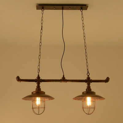 Industrial 2 Light Multi Light Pendant with Metal Cage Frame in Pipe Style, Rust