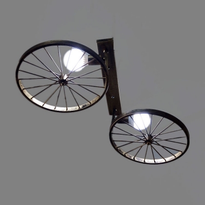 Industrial 2 Light Semi-Flush Ceiling Light with Wheel in Open Bulb Style, Antique Bronze