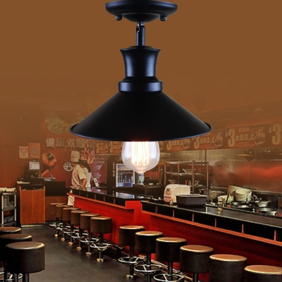 Industrial Vintage 9.5''W Semi-Flush Ceiling Light with Cone Metal Shade in Black Finish