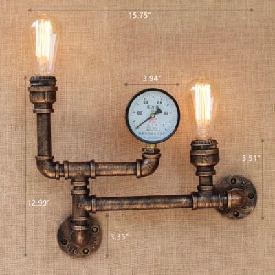 Industrial 2 Light Multi Light Wall Sconce with Pressure Gauge in Pipe Style