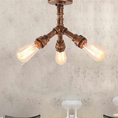 Industrial 3 Light Semi-Flush Ceiling Light in Pipe Style, Antique Brass