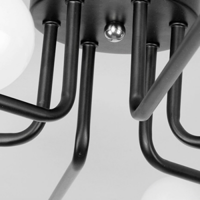 Industrial Wrought Iron 6 Light Semi-Flush Ceiling Light in Open Bulb Style, Black/White