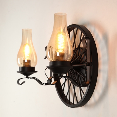 Industrial 19''W Multi Light Wall Sconce with Wheel and Glass Shade, 2 Light