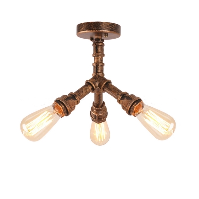 Industrial 3 Light Semi Flush Ceiling Light In Pipe Style Antique