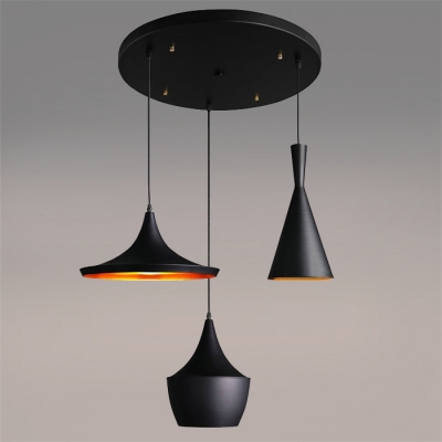 Industrial 3 Light Multi Light Pendant with Metal Shade in Black Finish