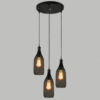 

Industrial 3 Light Multi Light Pendant with Bottle Shape Metal Mesh in Black