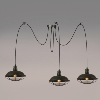 Industrial Multi Light Pendant with Metal Cage in Barn Style, 3 Light, Black