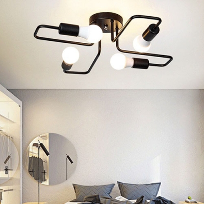 Industrial Wrought Iron 4 Light Semi-Flush Ceiling Light in Open Bulb Style, Black/White
